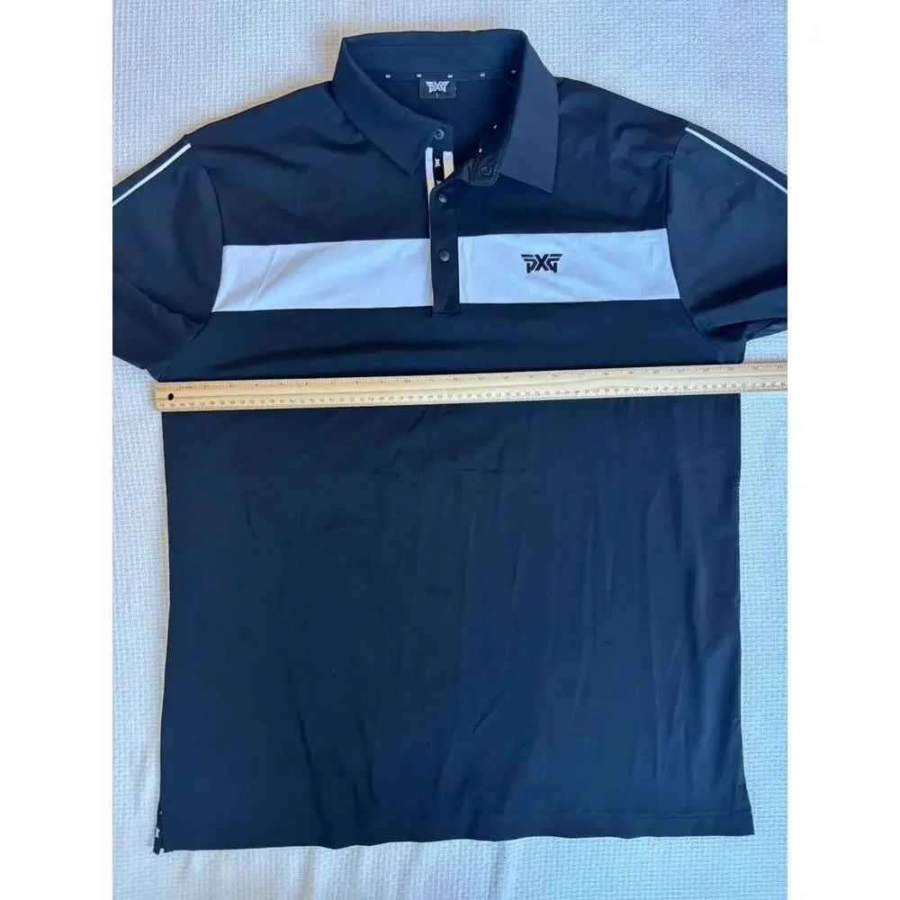 PXG Polo Shirt Mens Large Black White Performance Stretch Laser Cut Golf Preppy - Picture 8 of 9